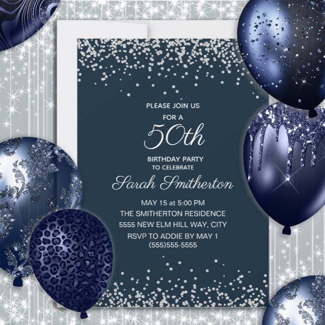 Invitación Cumpleaños 50 Brillante Diamante Plata Azul Marina (Navy blue and silver glitter women's 50th birthday invitation)