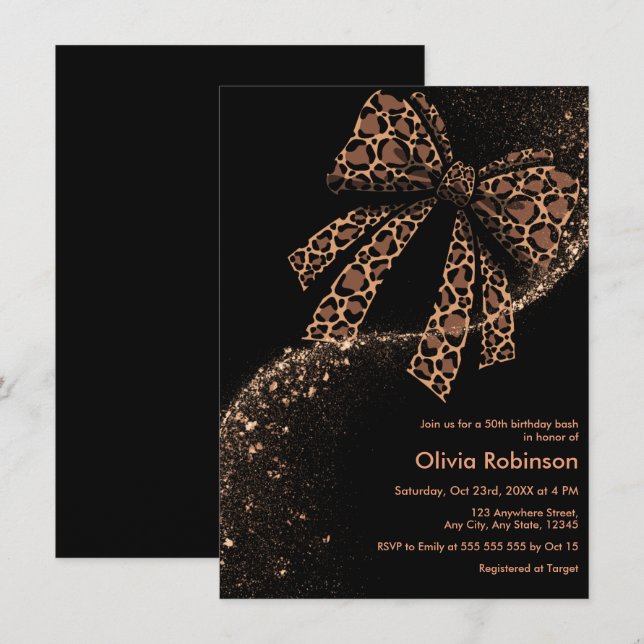 Invitación Cumpleaños 50 Brillante Estampado Leopardo Arco Do (Anverso / Reverso)