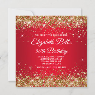 Invitación Cumpleaños 50 Brillante Oro Glitter Rojo Ombre