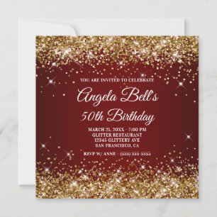 Invitación Cumpleaños 50 Brillante Oro Purpurina Rojo Oscuro
