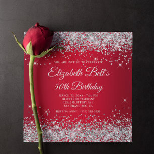 Invitación Cumpleaños 50 Brillante Plata Glitter Rojo Ombre