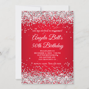 Invitación Cumpleaños 50 Brillante Rojo Ombre Purpurina Plate