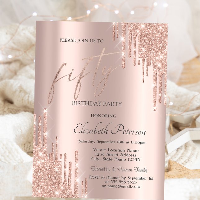 Invitación Cumpleaños 50 Brillante Rosa con Drips de Purpurin (Subido por el creador)