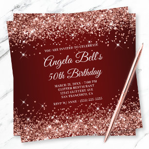 Invitación Cumpleaños 50 Brillante Rosa Dorado Purpurina Rojo