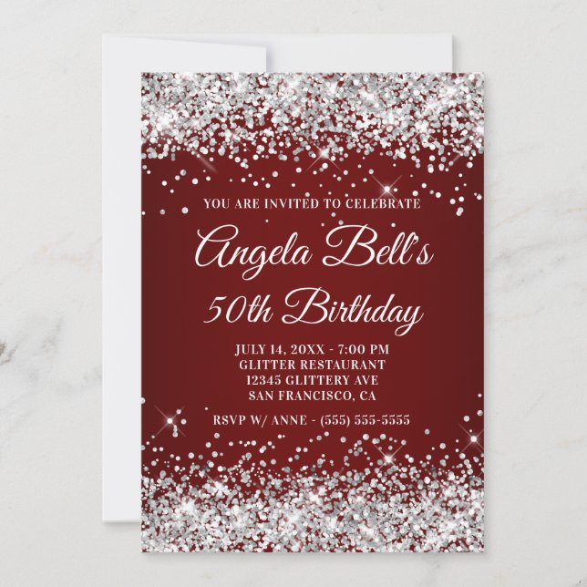 Invitación Cumpleaños 50 Brillo Plateado Brillante Borgoña (Anverso)