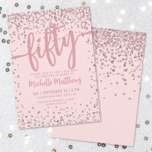 Invitación Cumpleaños 50 Brillo Rosa Rubor (Blush Pink Glitter 50th Birthday Invitation)