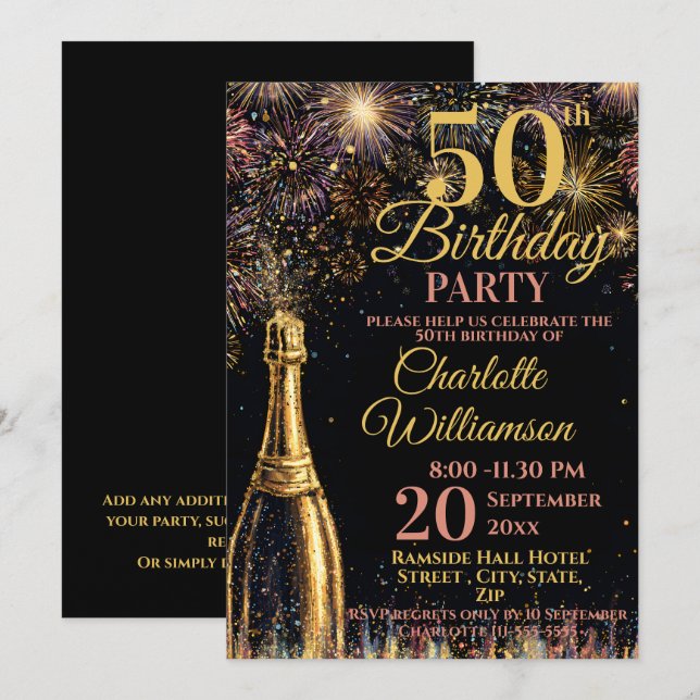 Invitación Cumpleaños 50 Burbujeante Fuegos Artificiales Dora (Anverso / Reverso)