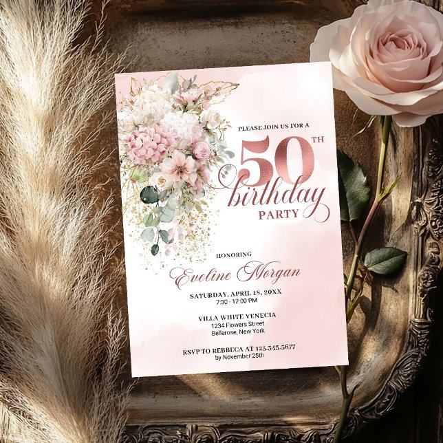 Invitación Cumpleaños 50 Celebrar Rosa Dorado Acuarela Rubor (Rose Gold Watercolor Blush 50th Birthday Celebration)