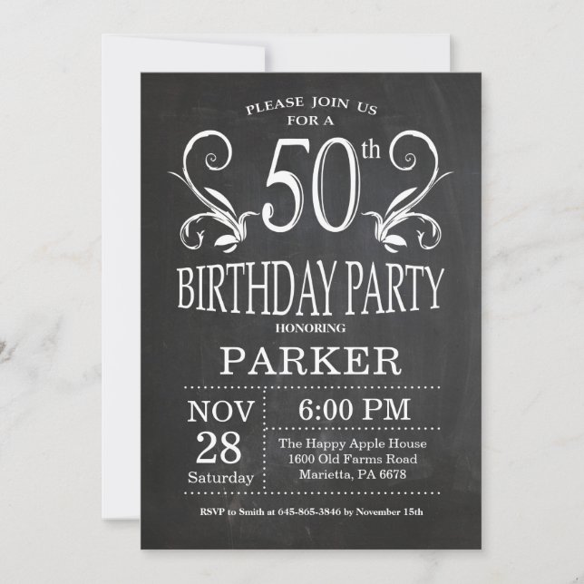 Invitación Cumpleaños 50 Chalkboard Floral (Anverso)