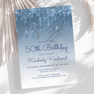 Invitación Cumpleaños 50 Chic Brillo Goteo Azul