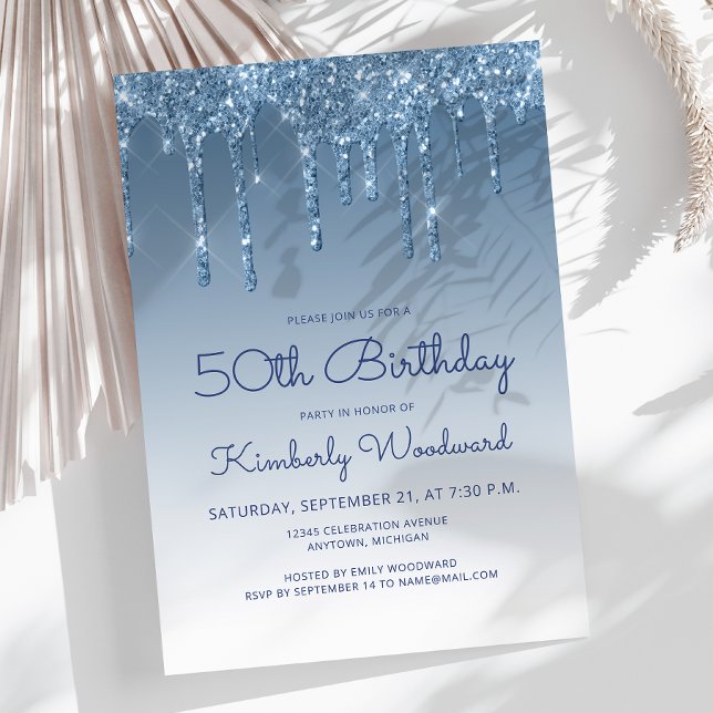 Invitación Cumpleaños 50 Chic Brillo Goteo Azul (Subido por el creador)