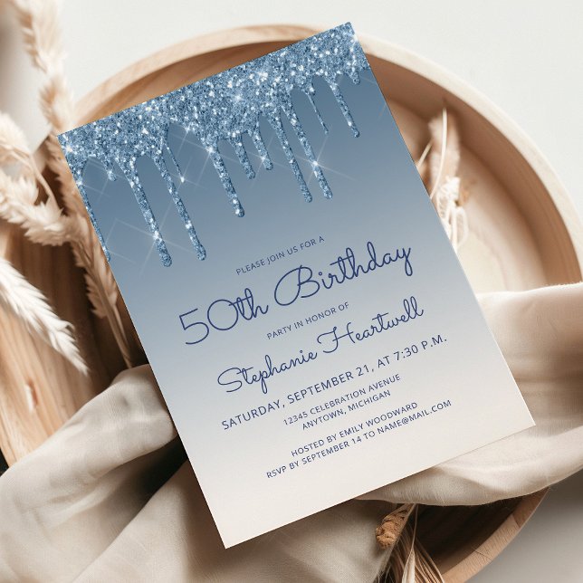 Invitación Cumpleaños 50 Chic Brillo Goteo Azul (Subido por el creador)