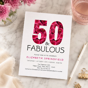 Invitación Cumpleaños 50 Cincuenta y Fabuloso Floral Rosa