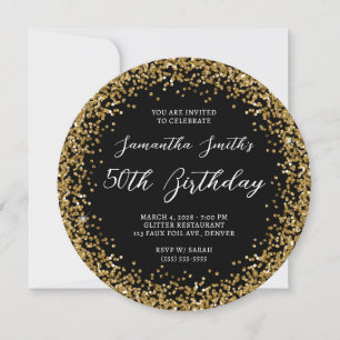 Invitación Cumpleaños 50 Circular Dorado Brillante Negro