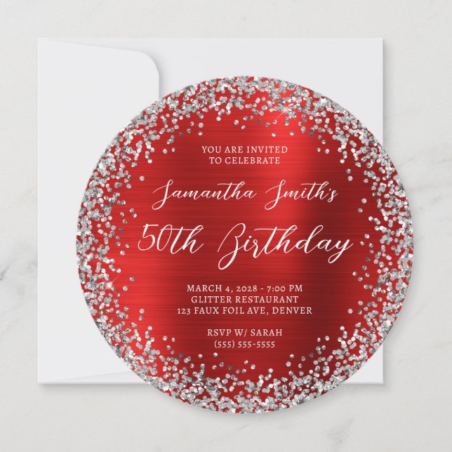 Invitación Cumpleaños 50 Circular Plata Purpurina Rojo Foil (Anverso)