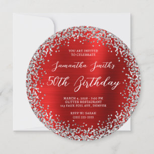 Invitación Cumpleaños 50 Circular Plata Purpurina Rojo Foil