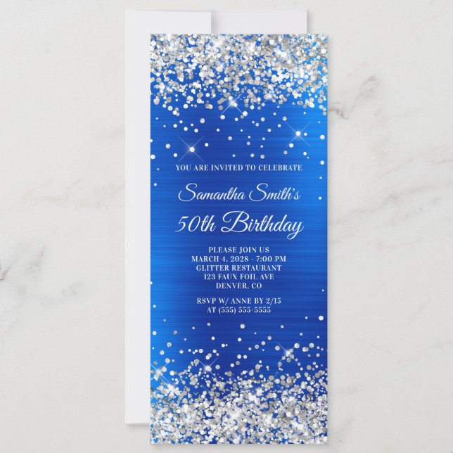 Invitación Cumpleaños 50 con Brillo Plateado y Foil Azul Real (Anverso)