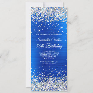 Invitación Cumpleaños 50 con Brillo Plateado y Foil Azul Real