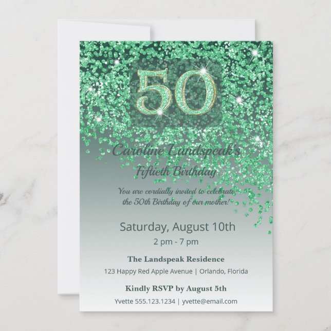 Invitación Cumpleaños 50 con brillo verde sentido  (Anverso)