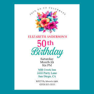 Invitación Cumpleaños 50 con Flores Tropicales
