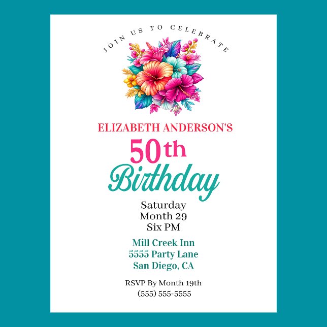 Invitación Cumpleaños 50 con Flores Tropicales (Tropical Flowers 50th Birthday Invitation For Women.  )