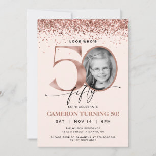 Invitación Cumpleaños 50 con Foto de Confeti de Rosa Dorado