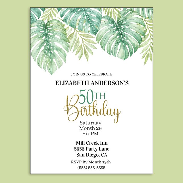 Invitación Cumpleaños 50 con Hojas Tropicales Acuarela (Watercolor Tropical Leaves 50th Birthday Invitation.)