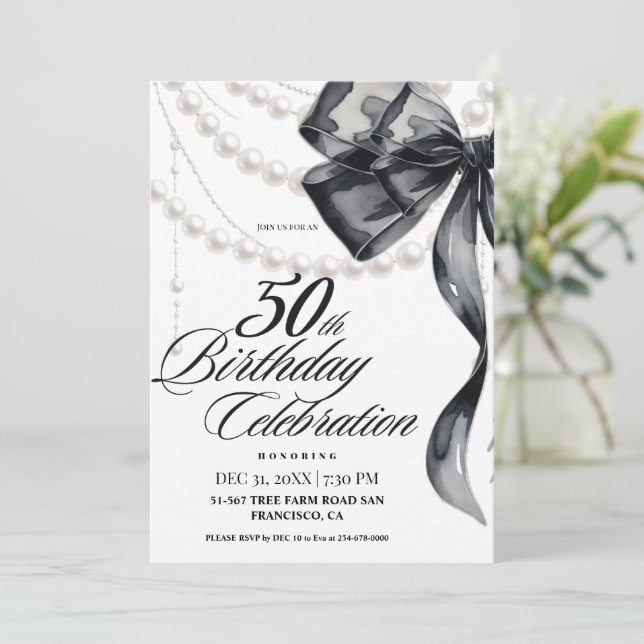Invitación Cumpleaños 50 con lazo negro (Anverso de pie)