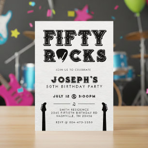 Invitación Cumpleaños 50 con púa de guitarra Fifty Rocks