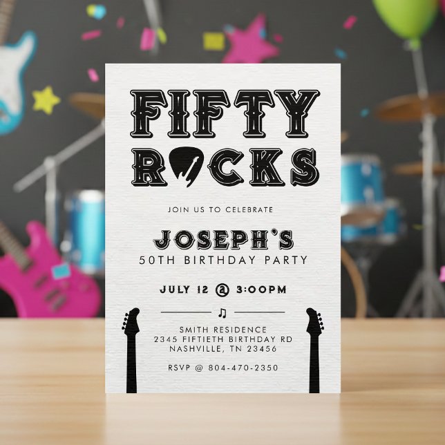 Invitación Cumpleaños 50 con púa de guitarra Fifty Rocks (Subido por el creador)