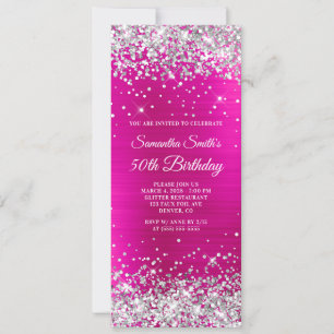 Invitación Cumpleaños 50 con Purpurina Plateada Rosa Fuerte d