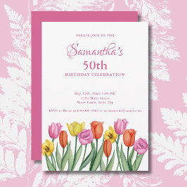 Invitación Cumpleaños 50 con Tulipanes Acuarela