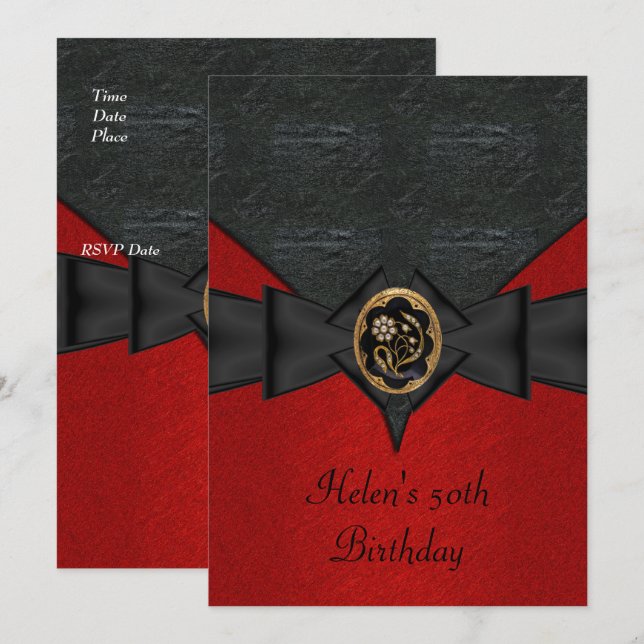 Invitación Cumpleaños 50 Cuero Negro Rojo Arco joya dorada (Anverso / Reverso)