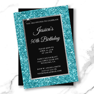 Invitación Cumpleaños 50 Dark Turquoise Glitter Negro