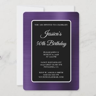 Invitación Cumpleaños 50 Dark Violet Foil Negro y Blanco