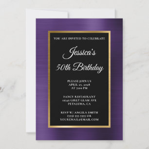 Invitación Cumpleaños 50 Dark Violet Gold Foil Negro