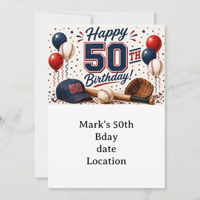 Invitación Cumpleaños 50 de béisbol  (Anverso)