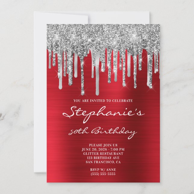 Invitación Cumpleaños 50 de Brillo Plateado con Drips de Hoja (Anverso)
