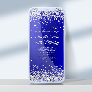 Invitación Cumpleaños 50 de Brillo Plateado en Seda Azul Real