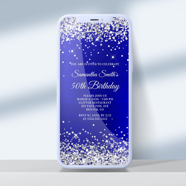 Invitación Cumpleaños 50 de Brillo Plateado en Seda Azul Real (Subido por el creador)