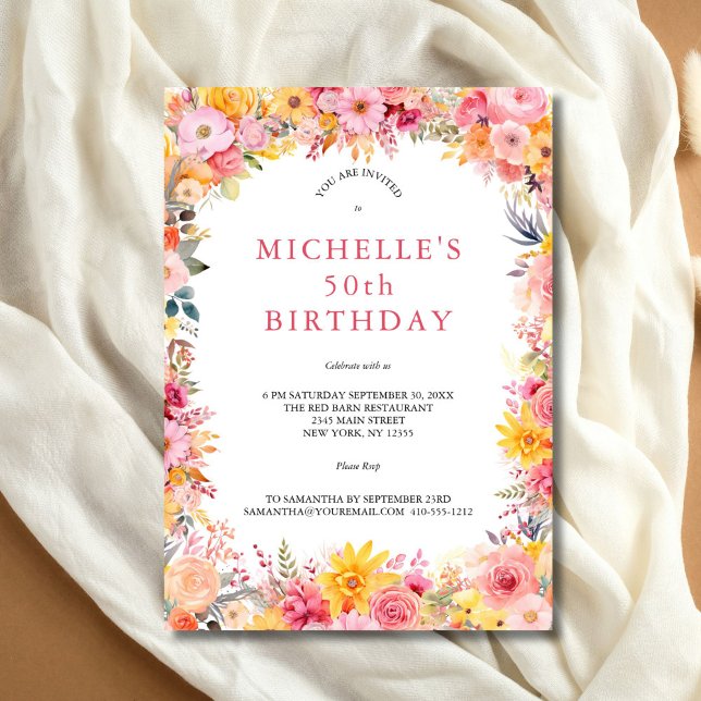 Invitación Cumpleaños 50 de Ella con Flores Acuarela Rosa Ama (Pink and Yellow Floral Elegant 50th Birthday party invitation for her)