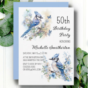 Invitación Cumpleaños 50 de flores de pájaro arrendajo azul P