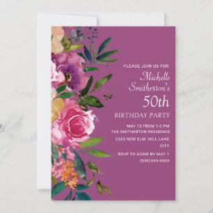 Invitación Cumpleaños 50 de Flores Rosadas Purpura Amarillas