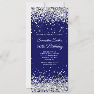Invitación Cumpleaños 50 de Glitter Plateado Navy