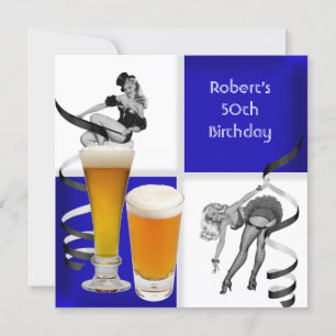 Invitación Cumpleaños 50 de Hombre Beer Retro Chica Azul