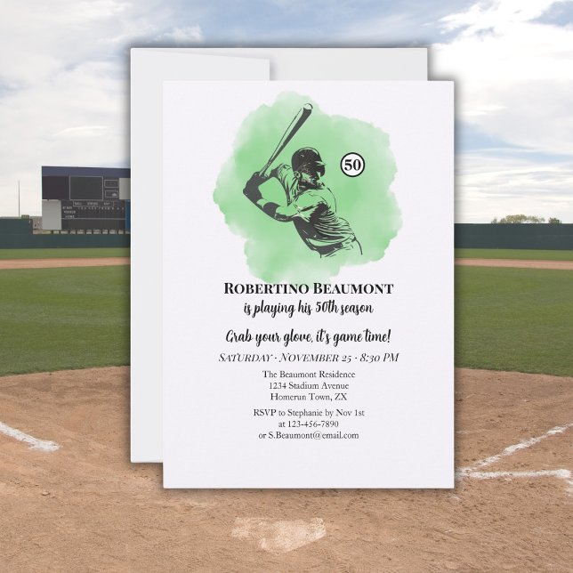 Invitación Cumpleaños 50 de Hombre Béisbol Bateando (Subido por el creador)