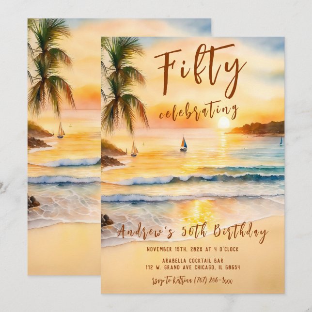 Invitación Cumpleaños 50 de Hombre Fiesta en la Playa (Anverso / Reverso)