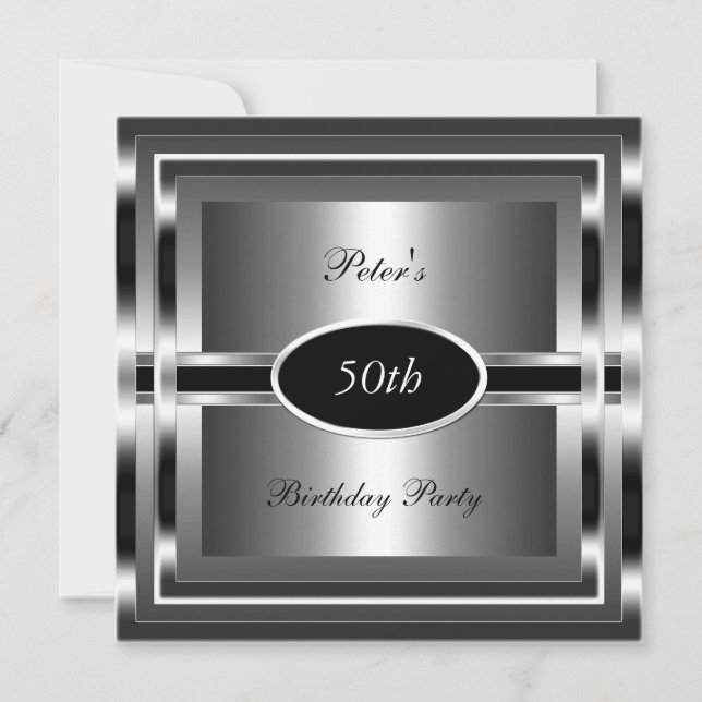 Invitación Cumpleaños 50 de Hombre Negro Plateado (Anverso)