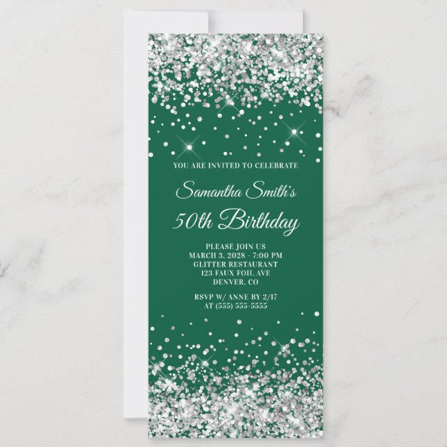 Invitación Cumpleaños 50 de Hunter Verde con Brillo de Plata (Anverso)