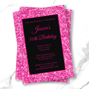 Invitación Cumpleaños 50 de lujo en rosa caliente con brillo